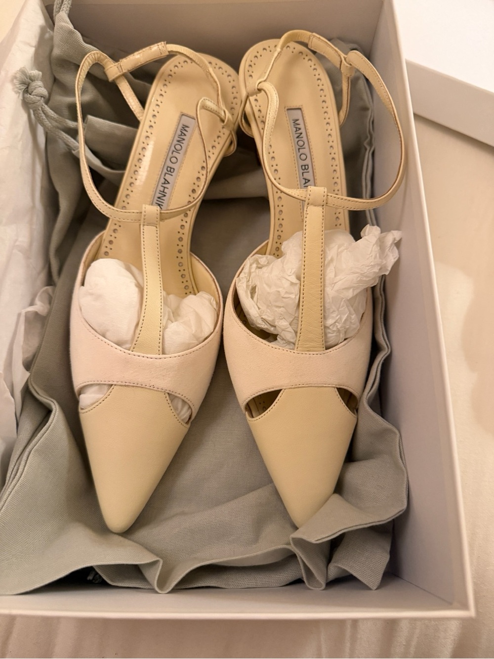 Manolo Blahnik Turgimod 50mm Leather T-Strap Pumps - Cream - New in box